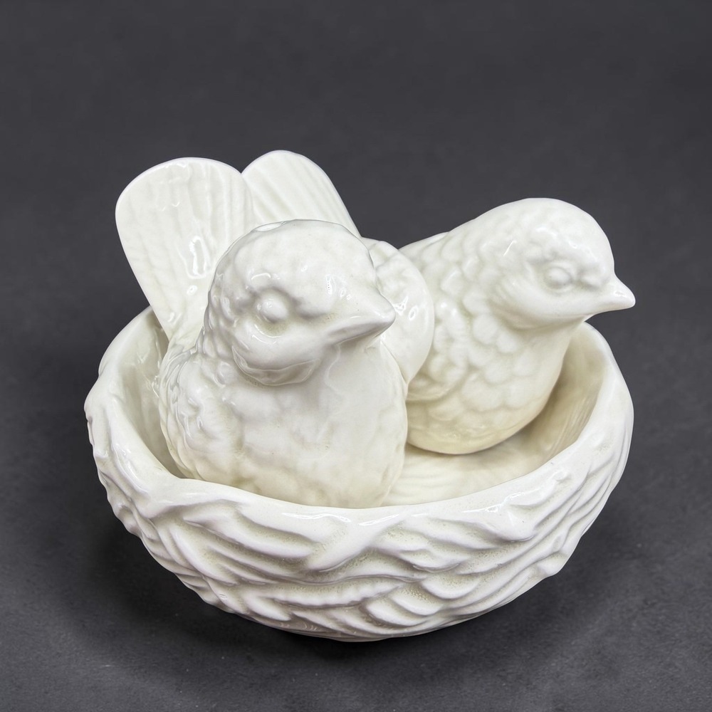 Vintage Fitz and Floyd White Bird Nest Salt Pepper Shakers 1978 Japan 3pc Set